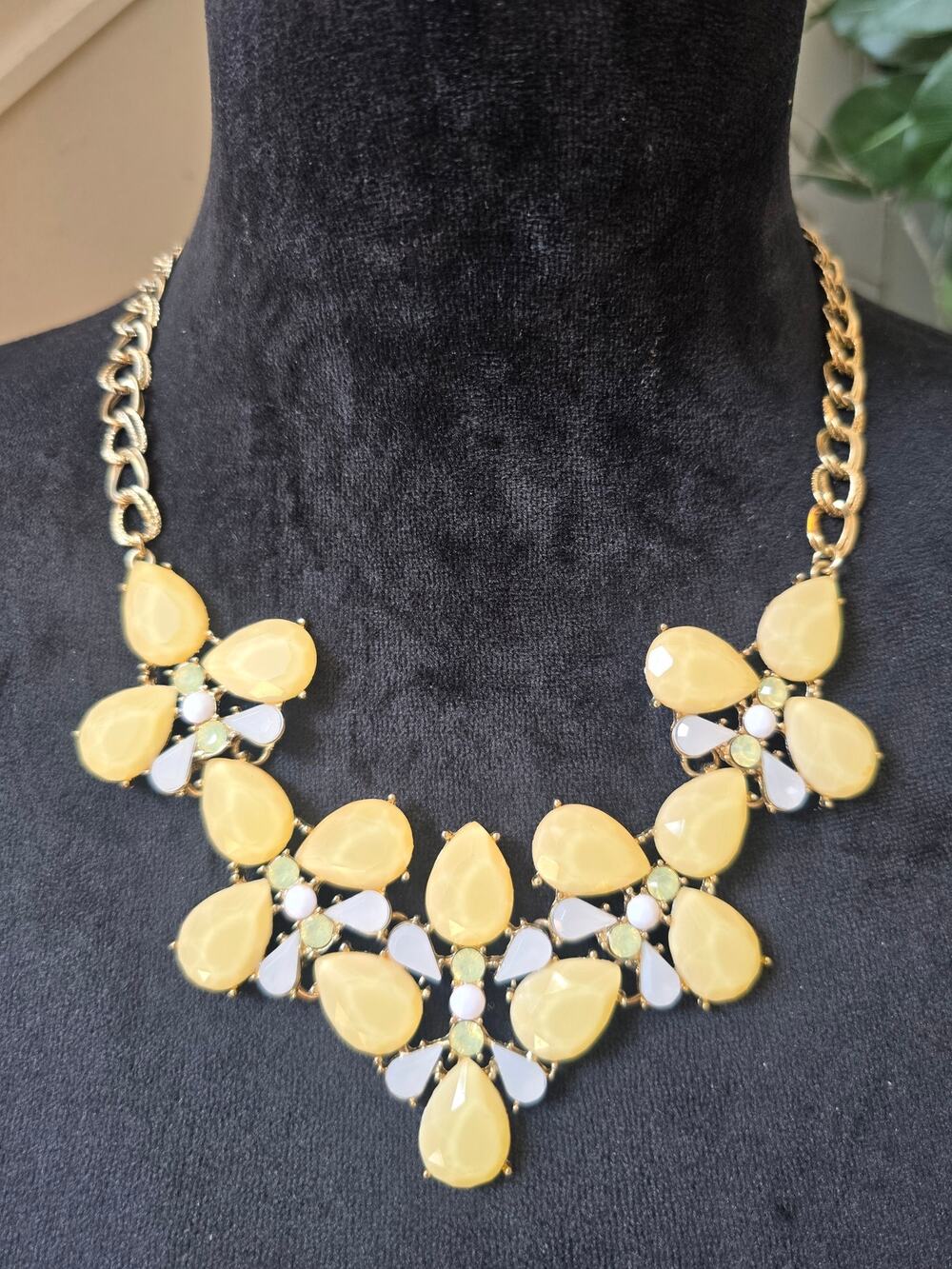 Gold Tone Yellow Teardrop Rhinestone Bib Statement Necklace